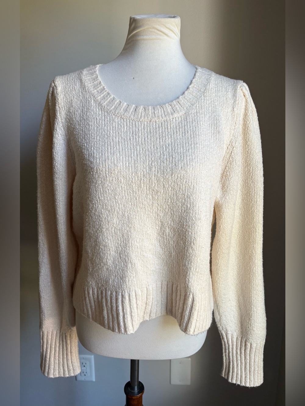 Maeve Anthropologie Puff Sleeve Cropped Pullover Crewneck Sweater Cream Size XL